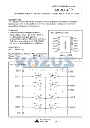 M61084FP datasheet - PREAMPLIFIER WITH PHOTODETECTOR FOR OPTICAL PICKUP