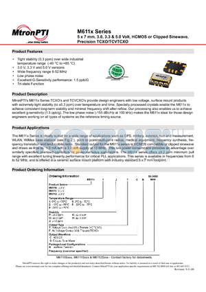 M61101HFSN datasheet - M611x Series 5 x 7 mm, 3.0, 3.3 & 5.0 Volt, HCMOS or Clipped Sinewave, Precision TCXO/TCVTCXO