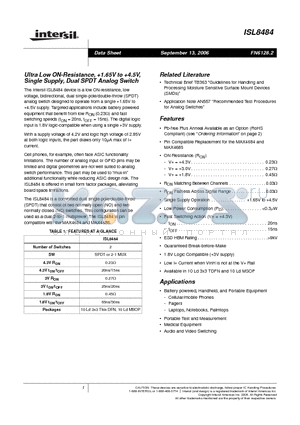 ISL8484IR-T datasheet - Ultra Low ON-Resistance, 1.65V to 4.5V, Single Supply, Dual SPDT Analog Switch