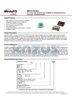 M61102GTSN datasheet - M611x Series 5 x 7 mm, 3.0, 3.3 & 5.0 Volt, HCMOS or Clipped Sinewave, Precision TCXO/TCVTCXO