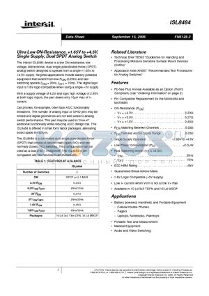 ISL8484IU-T datasheet - Ultra Low ON-Resistance, 1.65V to 4.5V, Single Supply, Dual SPDT Analog Switch