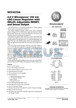 NCV4279A50D1R2G datasheet - 5.0 V Micropower 150 mA LDO Linear Regulator with DELAY, Adjustable RESET, and Sense Output