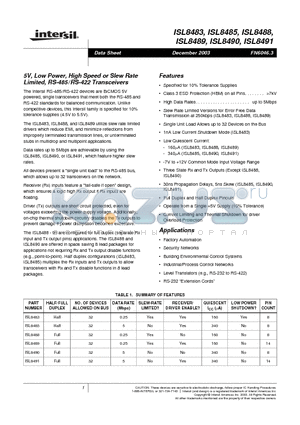 ISL8485 datasheet - 5V, Low Power, High Speed or Slew Rate Limited, RS-485/RS-422 Transceivers