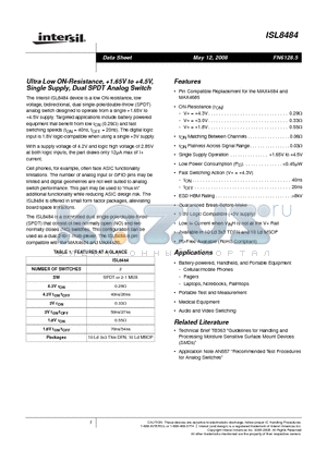ISL8484IRZ datasheet - Ultra Low ON-Resistance, 1.65V to 4.5V, Single Supply, Dual SPDT Analog Switch