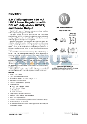 NCV4279D2R2 datasheet - 5.0 V Micropower 150 mA LDO Linear Regulator with DELAY, Adjustable RESET, and Sense Output