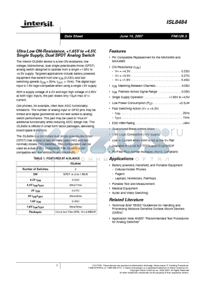 ISL8484IRZ-T datasheet - Ultra Low ON-Resistance, 1.65V to 4.5V, Single Supply, Dual SPDT Analog Switch