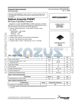 MRFG35003M6T1 datasheet - Gallium Arsenide PHEMT RF Power Field Effect Transistor