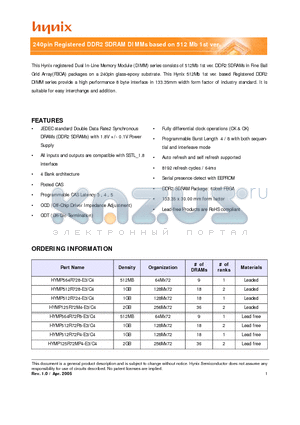 HYMP512R724-E3/C4 datasheet - 240pin Registered DDR2 SDRAM DIMMs based on 512 Mb 1st ver.