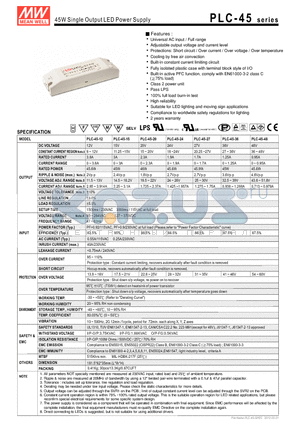 PLC-45-15 datasheet - 45W Single Output LED Power Supply