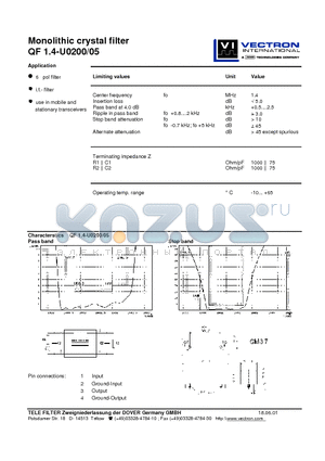 QF1.4-U0200 datasheet - Monolithic crystal filter