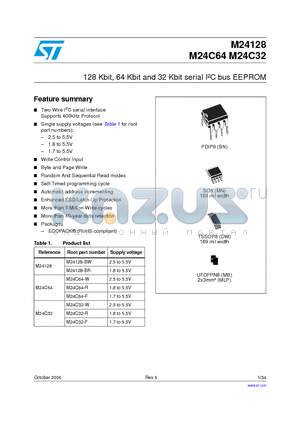 M24128-BWMB3TP/B datasheet - 128 Kbit, 64 Kbit and 32 Kbit serial I2C bus EEPROM