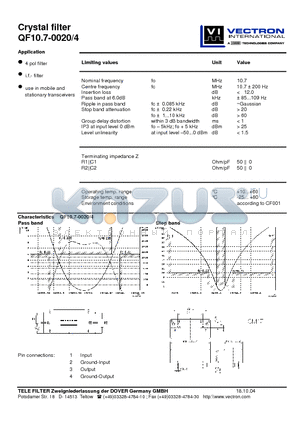 QF10.7-0020-4 datasheet - Crystal filter