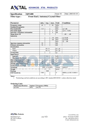 QF1400 datasheet - Front End ( Antenna) Crystal Filter