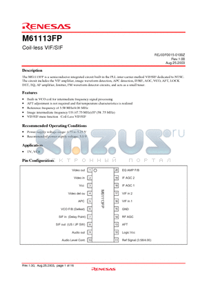 M61113FP datasheet - Semiconductor integrated circuit built-in the PLL inter-carrier method VIF/SIF dedicated to NTSC.