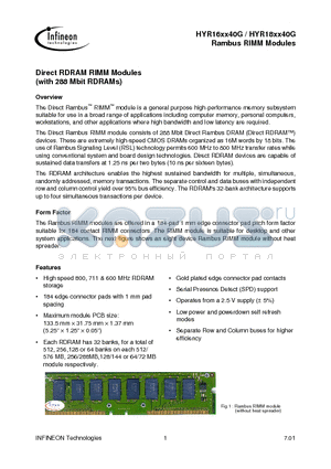 HYR163240G-840 datasheet - Direct RDRAM RIMM Modules (with 288 Mbit RDRAMs)