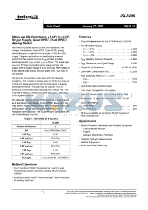 ISL8499IR datasheet - Ultra Low ON-Resistance, 1.65V to 4.5V, Single Supply, Quad SPDT (Dual DPDT) Analog Switch