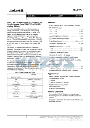 ISL8499IR-T datasheet - Ultra Low ON-Resistance, 1.65V to 4.5V, Single Supply, Quad SPDT (Dual DPDT) Analog Switch