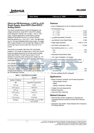 ISL8499IRTZ datasheet - Ultra Low ON-Resistance, 1.65V to 4.5V, Single Supply, Quad SPDT (Dual DPDT) Analog Switch