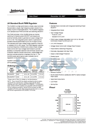 ISL8500IRZ datasheet - 2A Standard Buck PWM Regulator