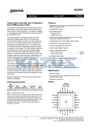ISL8501 datasheet - Triple Output Controller with 1A Standard Buck PWM and Dual LDOs