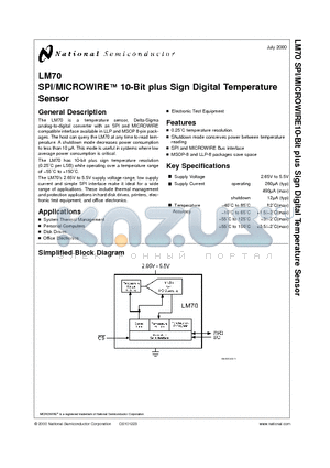 LM70 datasheet - SPI/MICROWIRE 10-Bit plus Sign Digital Temperature Sensor