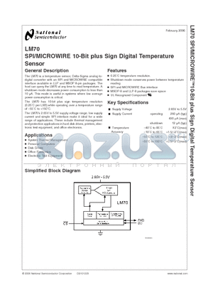LM70 datasheet - SPI/MICROWIRE 10-Bit plus Sign Digital Temperature