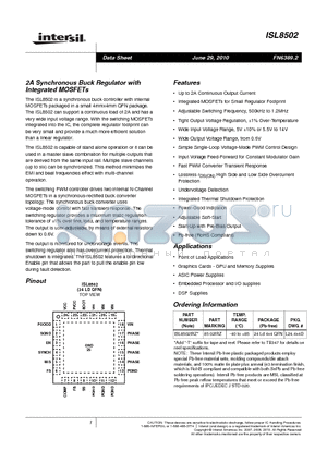 ISL8502IRZ datasheet - 2A Synchronous Buck Regulator with Integrated MOSFETs