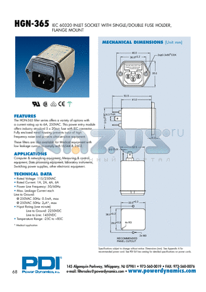 HGN-365-6M-F2 datasheet - IEC 60320 INLET SOCKET WITH SINGLE/DOUBLE FUSE HOLDER, FLANGE MOUNT