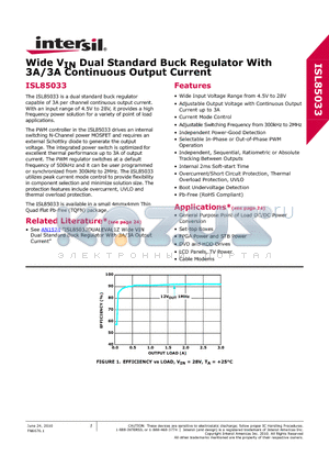 ISL85033IRTZ datasheet - Wide VIN Dual Standard Buck Regulator With 3A/3A Coutinuous Output Current