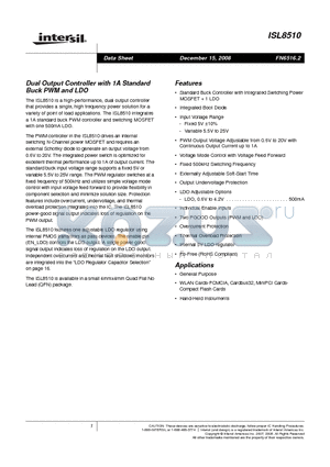 ISL8510 datasheet - Dual Output Controller with 1A Standard Buck PWM and LDO