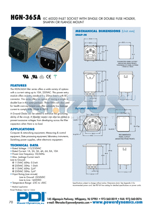 HGN-365A01Q-10-1M3S datasheet - IEC 60320 INLET SOCKET WITH SINGLE OR DOUBLE FUSE HOLDER, SNAP-IN OR FLANGE MOUNT
