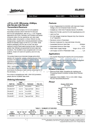 ISL8563 datasheet - 3V to 5.5V, 1Microamp, 250kbps, EIA/TIA-562, EIA/TIA-232 Transmitters/Receivers