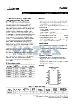 ISL8563E datasheet - /-15kV ESD Protected, 3V to 5.5V, 1Microamp, 250kbps, EIA/TIA-562, EIA/TIA-232 Transmitters/Receivers