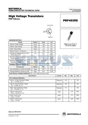 PBF493RS datasheet - High Voltage Transistors