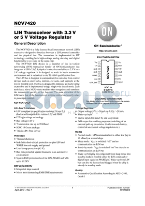 NCV7420D23G datasheet - LIN Transceiver with 3.3V or 5 V Voltage Regulator