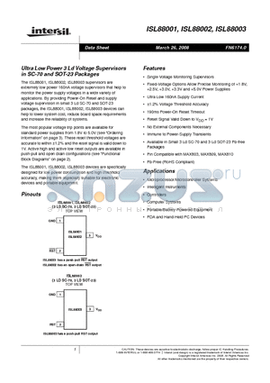 ISL88001IH31Z-T datasheet - Ultra Low Power 3 Ld Voltage Supervisors in SC-70 and SOT-23 Packages