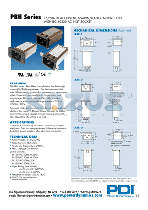 PBH16Q-00-1AF datasheet - 16/20A HIGH CURRENT, SNAP-IN/FLANGE MOUNT FILTER WITH IEC 60320 AC INLET SOCKET.