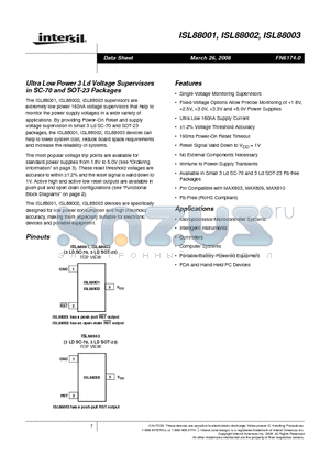 ISL88002IE23Z-T datasheet - Ultra Low Power 3 Ld Voltage Supervisors in SC-70 and SOT-23 Packages