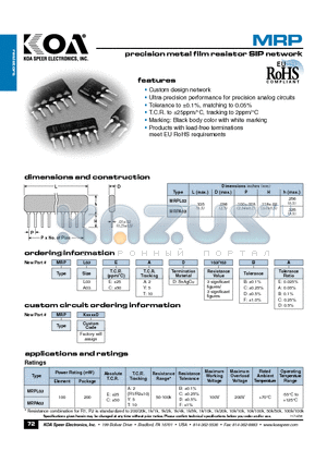 MRPA03CAD datasheet - precision metal film resistor SIP network