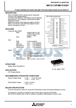 M61316SP datasheet - I2C BUS CONTROLLED VIDEO PRE-AMP FOR HIGH RESOLUTION COLOR DISPLAY