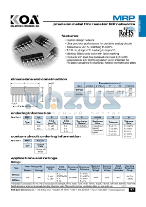 MRPA03CAD103DE datasheet - precision metal film resistor SIP networks