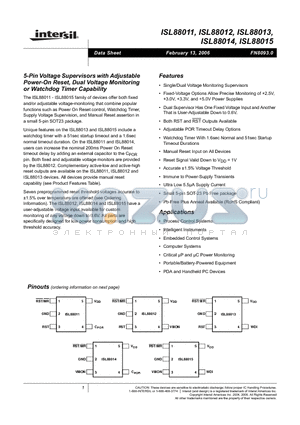ISL88011 datasheet - 5-Pin Voltage Supervisors with Adjustable Power-On Reset, Dual Voltage Monitoring or Watchdog Timer Capability