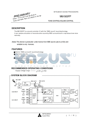 M61503FP datasheet - TONE CONTROL/VOLUME CONTROL