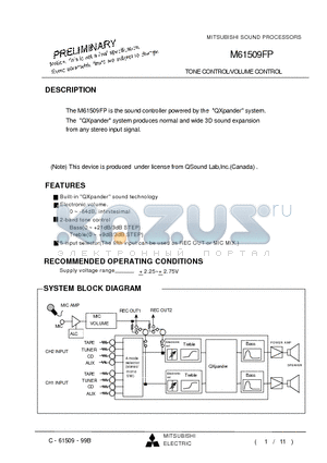 M61509FP datasheet - TONE CONTROL/VOLUME CONTROL