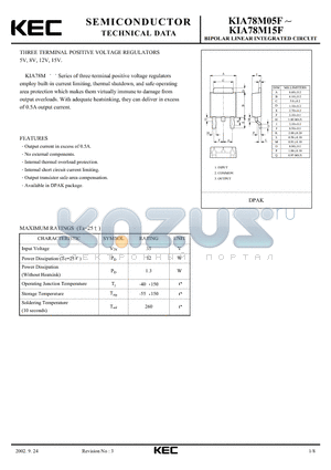 KIA78M15F datasheet - BIPOLAR LINEAR INTEGRATED CIRCUIT (THREE TERMINAL POSITIVE VOLTAGE REGULATOR)