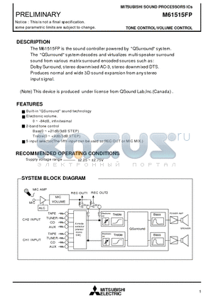 M61515FP datasheet - TONE CONTROL/VOLUME CONTROL