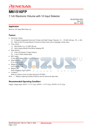 M61516FP datasheet - 7.1ch Electronic Volume with 10 Input Selector