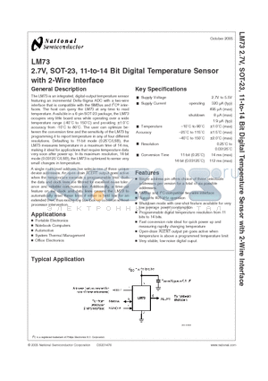 LM73 datasheet - 2.7V, SOT-23, 11-to-14 Bit Digital Temperature Sensor with 2-Wire Interface