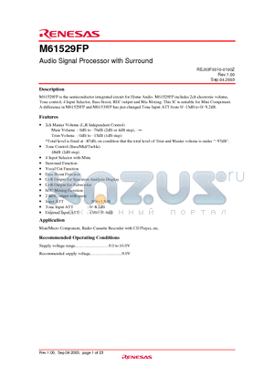 M61529FP datasheet - Audio Signal Processor with Surround