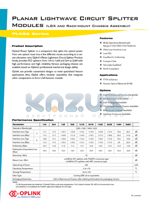 PLCS104S2L2 datasheet - Planar Lightwave Circuit Splitter Modules